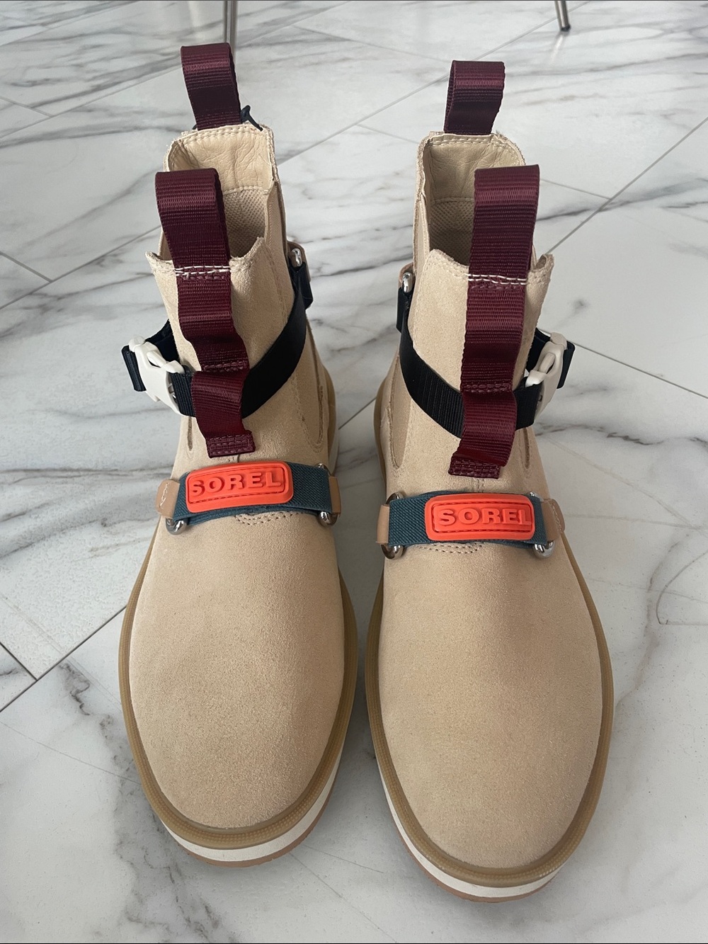 Brand New Sorel Beige Suede Lug Boots with Burgundy Pull Tabs and Teal Strap